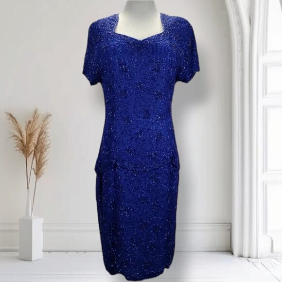 Vintage 80s Niteline Royal Blue Beaded Silk Dress 10 Mock 2 Piece Vintage 80s Niteline Royal Blue Beaded Silk Dress 10 Mock 2 Piece